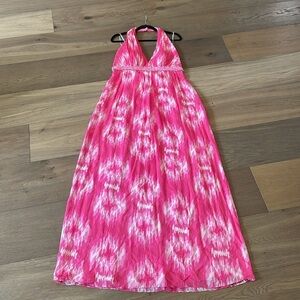 Kay Unger Pink Multicolor Halter Neck Maxi Silk Beaded Dress Gown Size 12 NWT